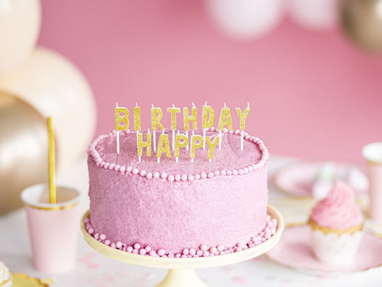 PartyDeco Birthday Candle Happy Birthday in Gold Color 13pcs PARX1287