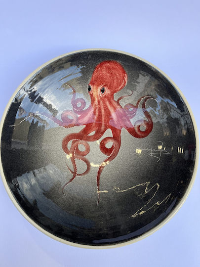 Round Ceramic Decorative Platter Octopus Handmade Black 18x18cm
