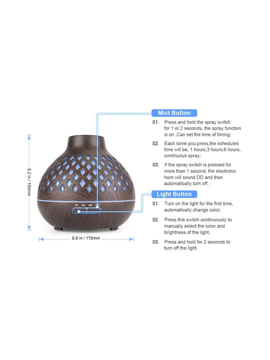 Lumini LED Dispozitiv de aromaterapie Ultrasonic cu telecomandă și temporizator Maro 550ml ΥΝ-15