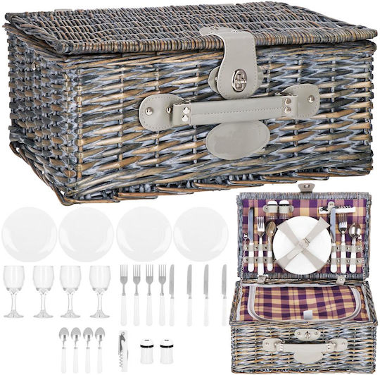 Coș de picnic deluxe pentru 4 persoane, din răchită, cu veselă, tacâmuri și izolație termică, gri