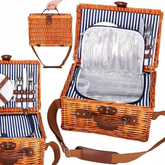 Coș de picnic deluxe pentru 2 persoane, din răchită, cu veselă, tacâmuri și compartiment frigorific