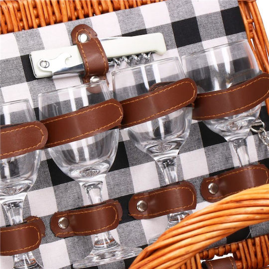 Coș de picnic deluxe pentru 4 persoane, din răchită, cu veselă, tacâmuri și izolație termică, maro