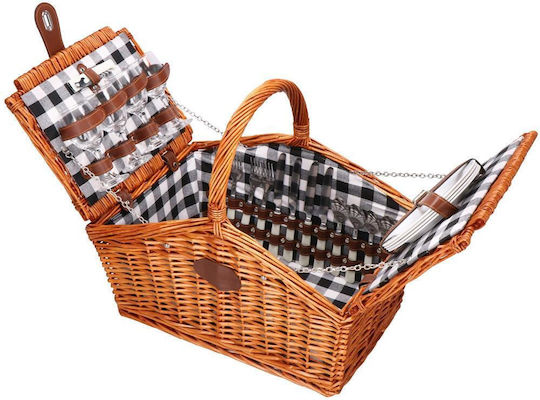 Coș de picnic deluxe pentru 4 persoane, din răchită, cu veselă, tacâmuri și izolație termică, maro