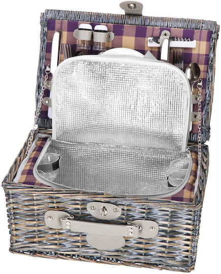 Coș de picnic deluxe pentru 4 persoane, din răchită, cu veselă, tacâmuri și izolație termică, gri