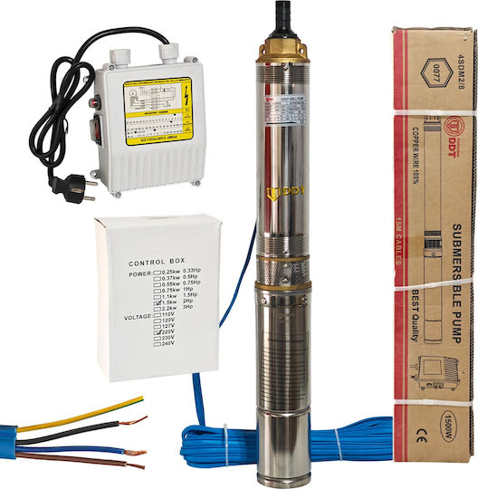 Pompa submersibilă multietajată pentru puțuri adânci Ddt 4sdm2/8 Ddt-0077 1500 W pentru apă curată, carcasă din oțel inoxidabil-fontă, debit maxim 7000 L/h, înălțime maximă 120m, diametru pompă 100 mm, panou de control, cablu 15m