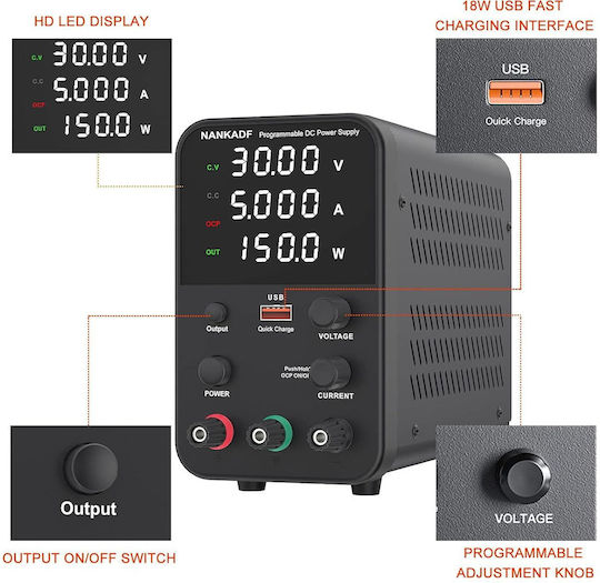Surse de Alimentare Pentru Laborator 0-30 V 0-5 A 150 W Ecran Led Ventilator de Răcire Protecție La Supra-Încărcare Ocp 15w Port Usb Stabilizare Tensiune Curent Cv Cc
