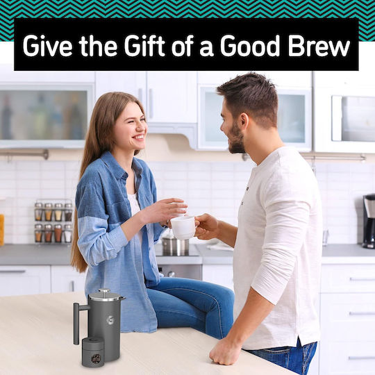 Cafetiere French Press 8 Cesti Double Wall Cafetiere 1 Litru Capacitate Container pentru Cafea din Oțel Inoxidabil Gri