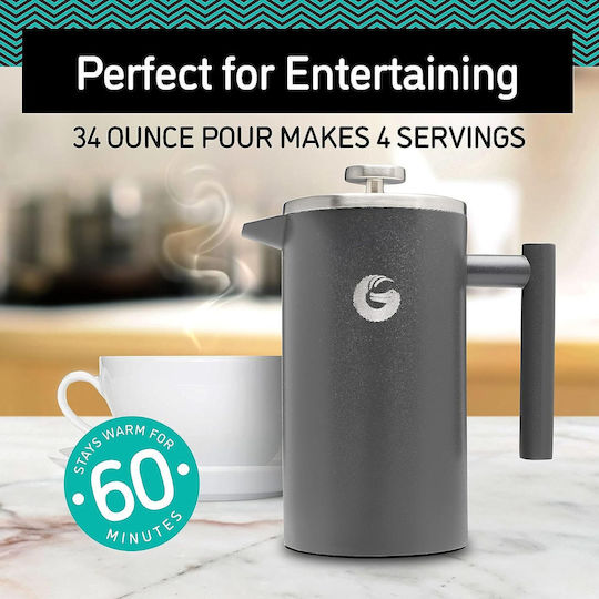 Cafetiere French Press 8 Cesti Double Wall Cafetiere 1 Litru Capacitate Container de Depozitare a Cafelei din Oțel Inoxidabil Argintiu