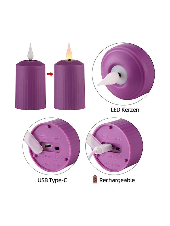 Set 6 Lumânări LED Reîncărcabile Cu Telecomandă Efect Flacără Temporizator Reglabil Luminozitate 5 Niveluri Halloween Crăciun Nuntă Petrecere Violet