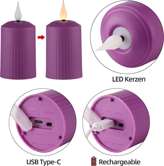 Set 6 Lumânări LED Reîncărcabile Cu Telecomandă Efect Flacără Temporizator Reglabil Luminozitate 5 Niveluri Halloween Crăciun Nuntă Petrecere Violet