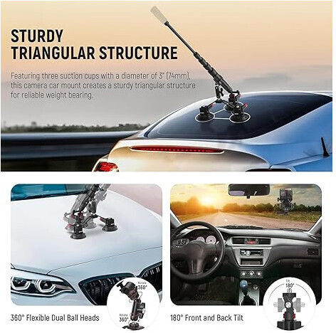 Suport Auto 2 În 1 Pentru Cameră Telefon 360° Rotativ Trei Ventuze Extensibil Tija Telescopică Utilizat Pentru Călătorii În Aer Liber Suport Rapid Pentru Cameră Compatibil GoPro Insta360 DJI Osmo Action