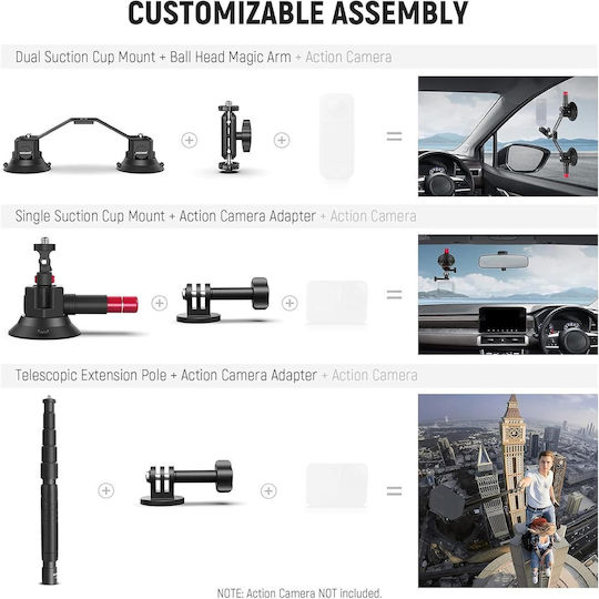 Suport Auto 2 În 1 Pentru Cameră Telefon 360° Rotativ Trei Ventuze Extensibil Tija Telescopică Utilizat Pentru Călătorii În Aer Liber Suport Rapid Pentru Cameră Compatibil GoPro Insta360 DJI Osmo Action