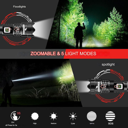 Lanternă cu Bliț LED Reîncărcabilă cu Luminozitate Maximă 10000 Lumen