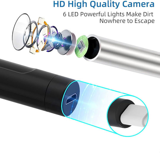 Dispozitiv Otoscop Wifi Îndepărtare Ceară Ureche Cameră 5 Mp Lumini Led Rezistent La Apă Ip67 Vizualizare Live Prin Aplicație Android Ios Negru