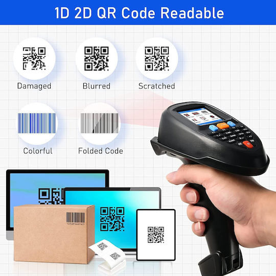 Portable Barcode Reader 1d 2d Scanner Built-in Battery Charging Station 2.2-inch Lcd Screen Wireless Black