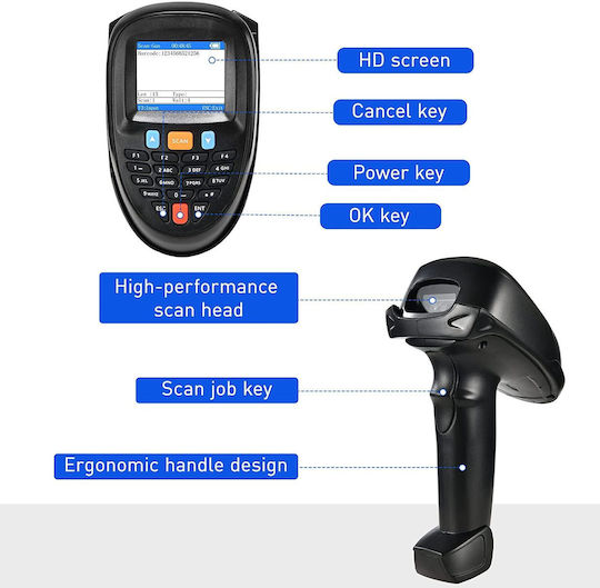 Portable Barcode Reader 1d 2d Scanner Built-in Battery Charging Station 2.2-inch Lcd Screen Wireless Black