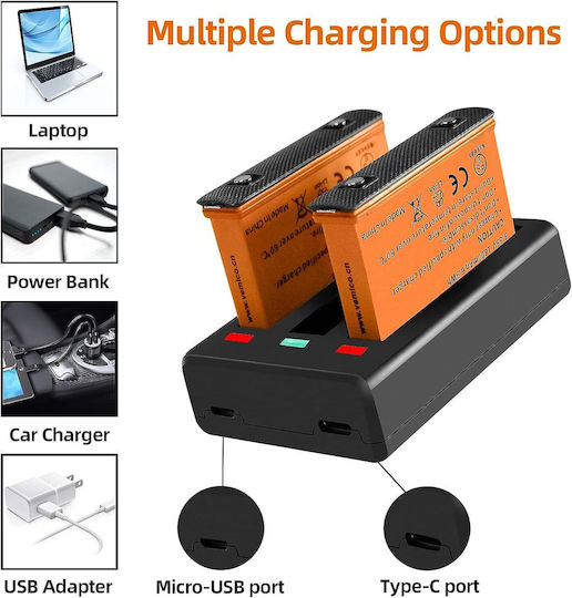 Set 2 Baterii 1800 Mah Insta360 X3 Stație de Încărcare cu 3 Sloturi Indicator Led Cu Porturi Micro Usb Usb C Compatibil Insta360 One X3
