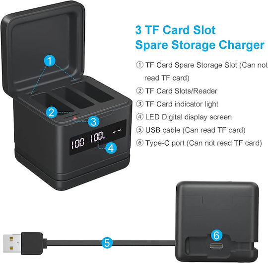 Set 3 Baterii Gopro Hero 10 Hero 9 3 Baterii Reîncărcabile 2000 Mah Stație de Încărcare 3 Canale Indicator Led Usb Usb C Compatibil Gopro Hero Black 10 9 Black