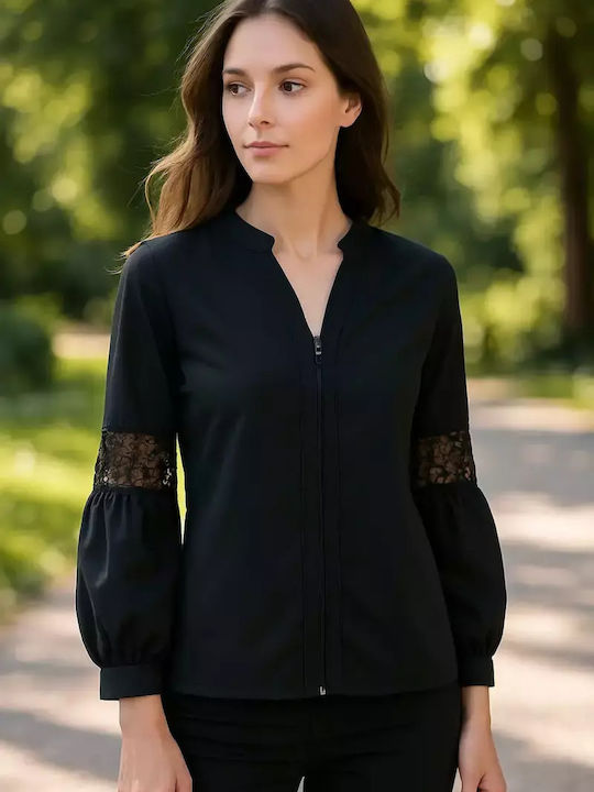 Women's Blouse Cotton Long Sleeve with Zipper Green