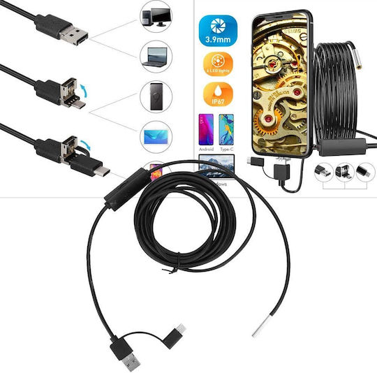 Industrielle Endoskopkamera 3,9 Mm Inspektionskamera Hd 1280 X 720 5 M Semi-flexibles Usb Rohr 6 LEDs Einstellbare Helligkeit 70-Grad Weitwinkel Ip67 Wasserdicht Kompatibel mit Android Pc