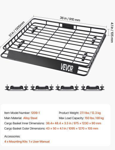 Vevor Steel Car Roof Rack 109.22x127cm