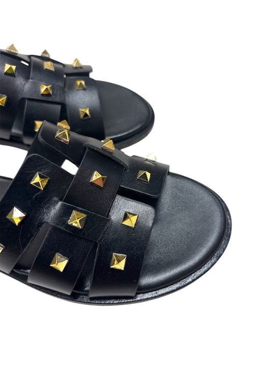Leather Women's Flat Sandals in Black Color