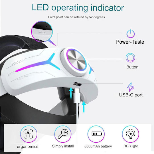 Head Strap Meta Quest 3 8000 Mah Battery Rgb Led Lights Adjustable Fast Charging Via Usb-c Plug Play White