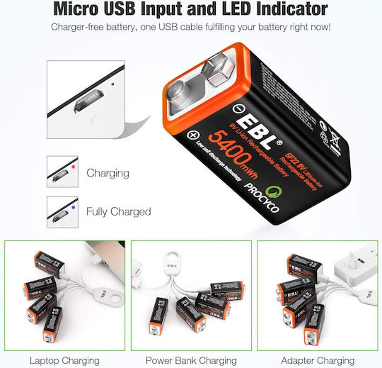 Set 4 Презареждащи се 9V Батерии Чрез Usb 5400 Mwh Бързо Зареждане 4 В 1 Кабел за Зареждане