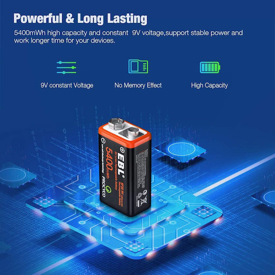 Set 4 Презареждащи се 9V Батерии Чрез Usb 5400 Mwh Бързо Зареждане 4 В 1 Кабел за Зареждане