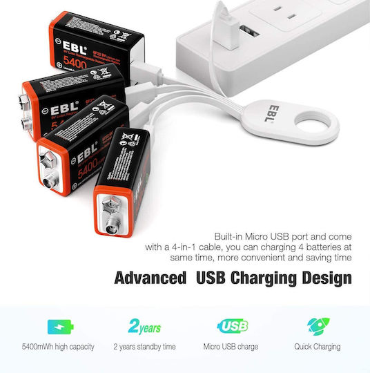 Set 4 Презареждащи се 9V Батерии Чрез Usb 5400 Mwh Бързо Зареждане 4 В 1 Кабел за Зареждане