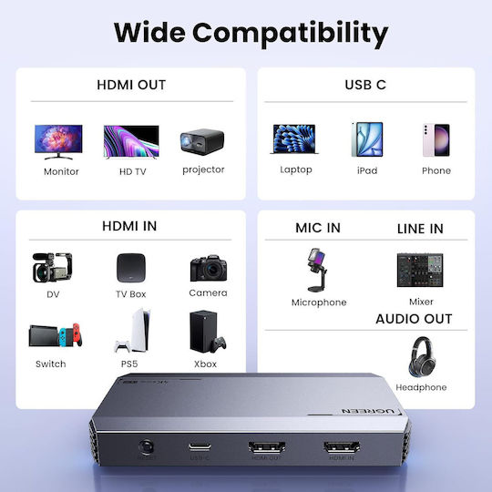 Placă De Captură Video 4k@60hz HDMI Video Grabber Ieșire Loop HDMI USB-C Ieșire HDR VRR 3 X Jack 3.5 Mm Plug And Play Compatibil PC MacBook Smartphone iPad Laptop Consolă Cameră