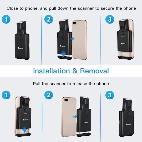 1D 2D QR Barcode Reader Portable Scanner Smartphone Built-In 1600 mAh Battery 3 Buttons Manual Continuous Scanning
