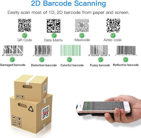 1D 2D QR Barcode Reader Portable Scanner Smartphone Built-In 1600 mAh Battery 3 Buttons Manual Continuous Scanning