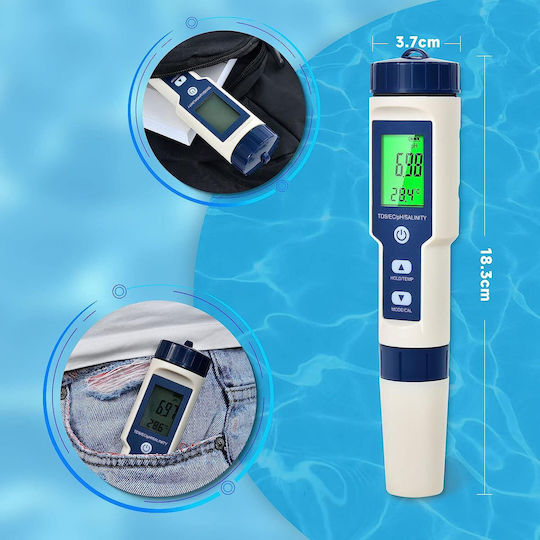 5 In 1 Ph Meter Set Tds Ec Water Quality Measurement Ph Salinity Conductivity Temperature Automatic Calibration Function Lcd Screen Hold Function