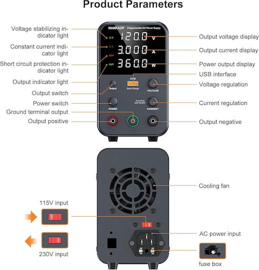 Surse de Alimentare Pentru Laborator 0-120 V 0-3 A 360 W Ecran Led Ventilator de Răcire Protecție la Supraîncărcare Ocp 18 W Port Usb Stabilizare Tensiune Curent Cv Cc