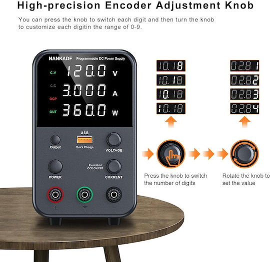 Surse de Alimentare Pentru Laborator 0-120 V 0-3 A 360 W Ecran Led Ventilator de Răcire Protecție la Supraîncărcare Ocp 18 W Port Usb Stabilizare Tensiune Curent Cv Cc