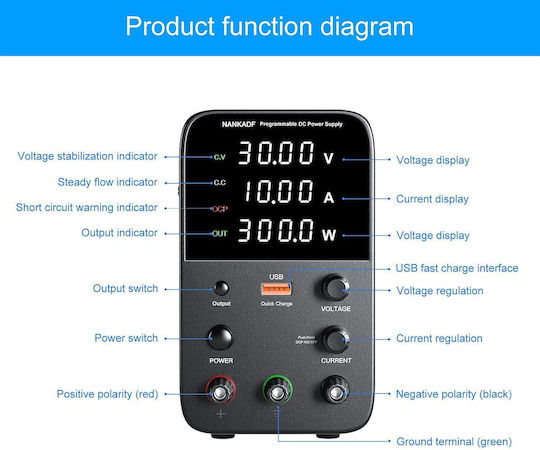 Surse de Alimentare pentru Laborator 0-30 V 0-10 A 300 W Ecran Led Ventilator de Răcire Protecție la Supraîncărcare Ocp 15w Port Usb Stabilizare Tensiune Curent Cv Cc