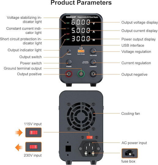 Surse de Alimentare Pentru Laborator 0-60 V 0-5 A 300 W Ecran Led Ventilator de Răcire Protecție la Supraîncărcare Ocp 18 W Port Usb Stabilizare Tensiune Curent Cv Cc