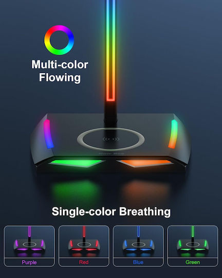 Suport pentru căști Rgb Gaming Wireless Charger 2 Usb-c Usb 2.0 Ports 11 Mode Iluminare Non-slip New Bee Negru