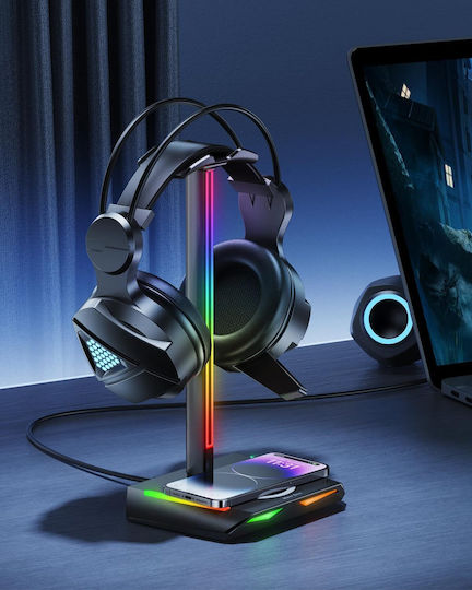 Suport pentru căști Rgb Gaming Wireless Charger 2 Usb-c Usb 2.0 Ports 11 Mode Iluminare Non-slip New Bee Negru