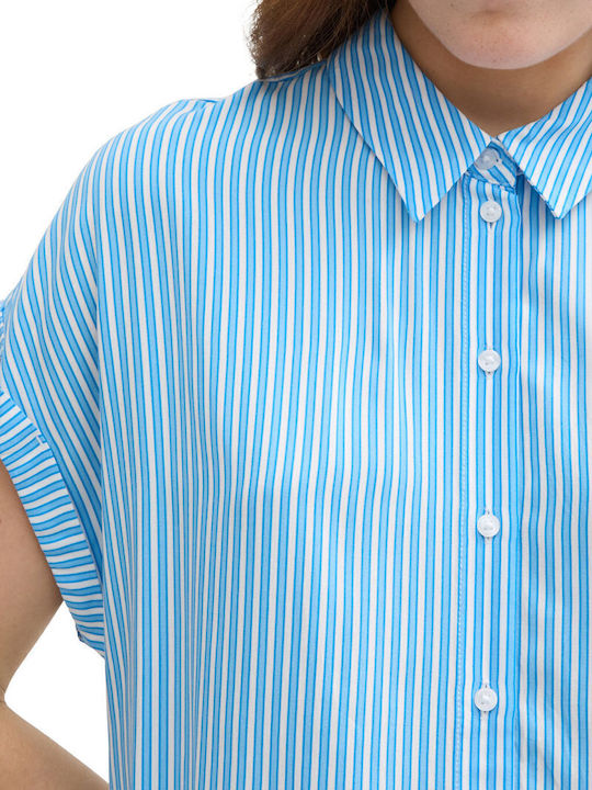 Mâneca scurta Femei Cămașă Vertical Blue White Stripe Cu dungi