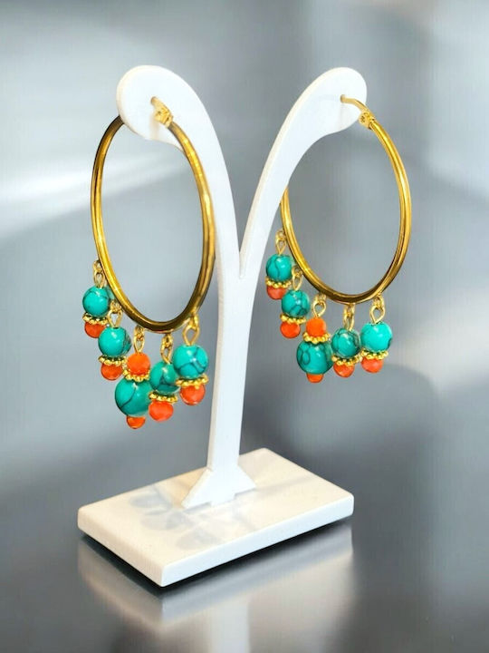 Earrings Hoops from Steel Gold Plated with Stones Turquoise Earrings Hoops from Steel Gold Plated with Stones Turquoise