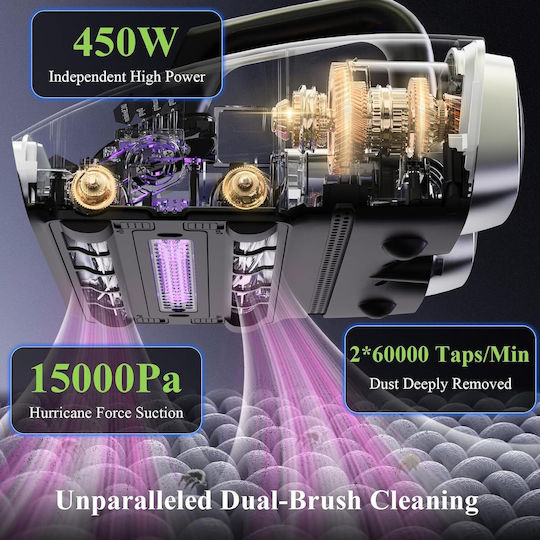 Aspirator Portabil pentru Saltea și Canapea Anti-Antifebră cu Lumină UV și Aer Cald la 60°C 450 W Senzor de Prezență a Prafului Putere de Aspirație 15000 Pa Container de Praf 300 ml Culoare Full Face Negru