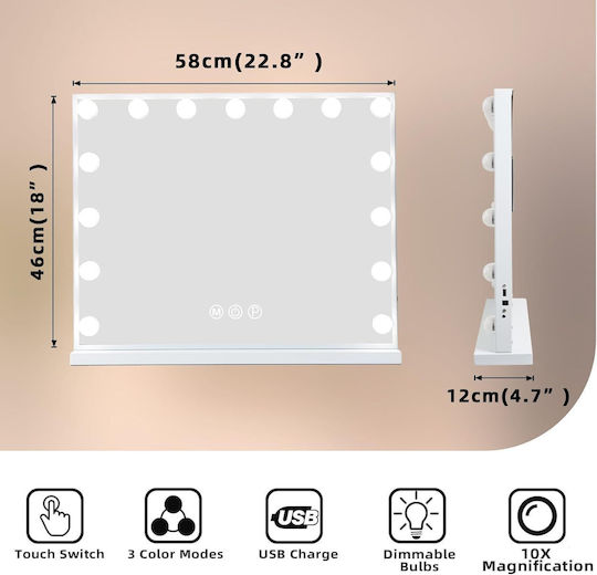 Makeup Mirror Wall with Light 48x48cm White