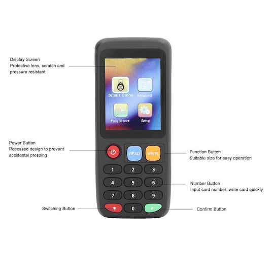 Set Cititor Copiator Rfid Nfc 1 X Adaptor Otg 5 X Carduri 5 X Chei Programabile Uid 7 Frecvențe Programabile 13.56 Mhz 125 Khz 175 Khz 250 Khz 300 Khz 375 Khz 500 Khz Ecran Lcd Negru