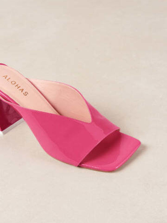 Leather Mules with Low Heel in Fuchsia Color