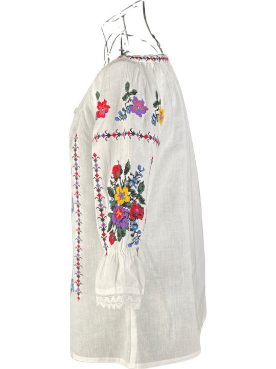 Bluza Damă Bumbac Mânecă Lungă Floral Alb Mov
