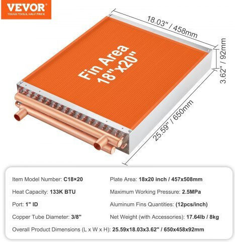 Vevor 18"x20" 3-Row Water-to-Air Heat Exchanger Cpgshrq18200vcz68v0
