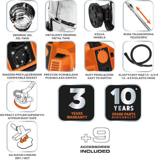 Neo Tools Прахосмукачка За Течности / Твърди 1600W с Неръждаема Стомана Контейнер 35лт