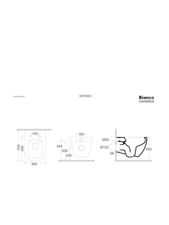Bianco Ceramica Lenta Wandhängende Toilette Randlos mit Schlank Deckel Sanftes Schließen Gray